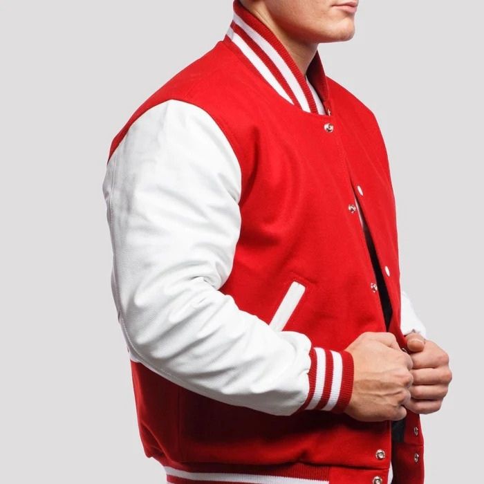 Red Wool Varsity Jacket with White Leather Sleeves