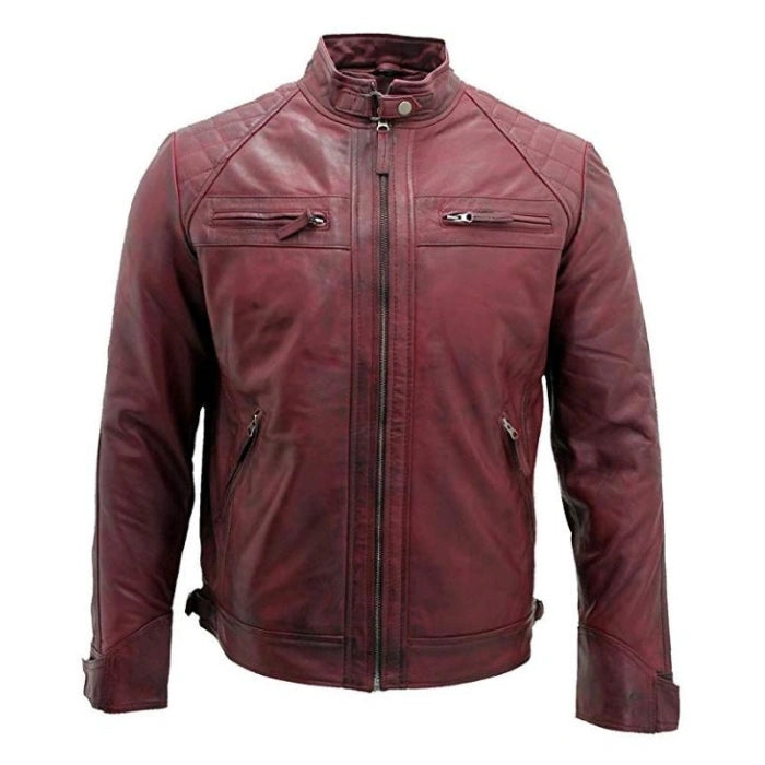 Mens Retro Racing Maroon Leather Jacket