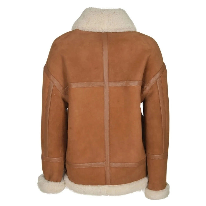 Rinaya Women's Shearling Trimmed Bomber Leather Jacket
