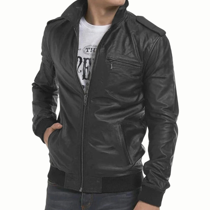 Rogue Shadow Black Leather Bomber Jacket