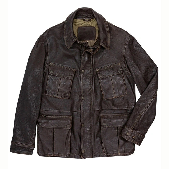 Front view of Brown stonewashed leather jacket with multiple pockets