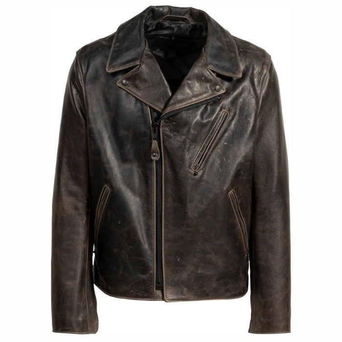 Front view of Rustic Brown biker leather jacket for men with spread collar, zippers