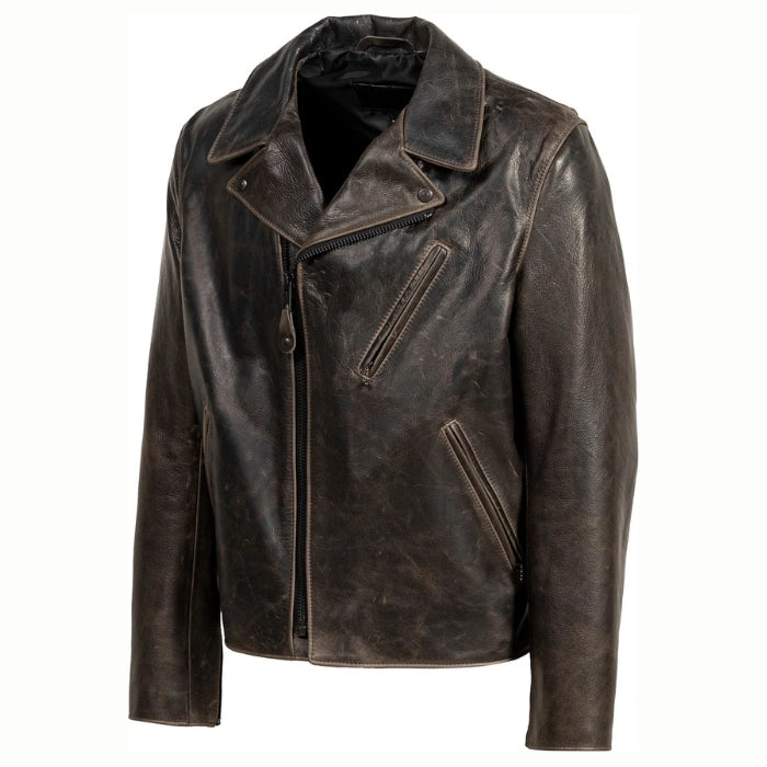 Side view of Rustic Brown leather jacket for men with bronze zipper