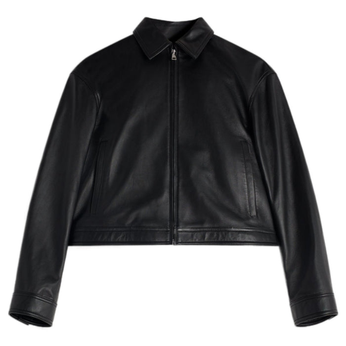 Front View of Black Cropped Leahter Jacket Lambskin