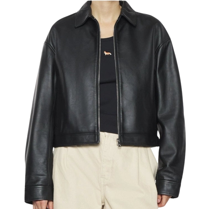 Front View of Model wearing Black Cropped Leahter Jacket open zipper