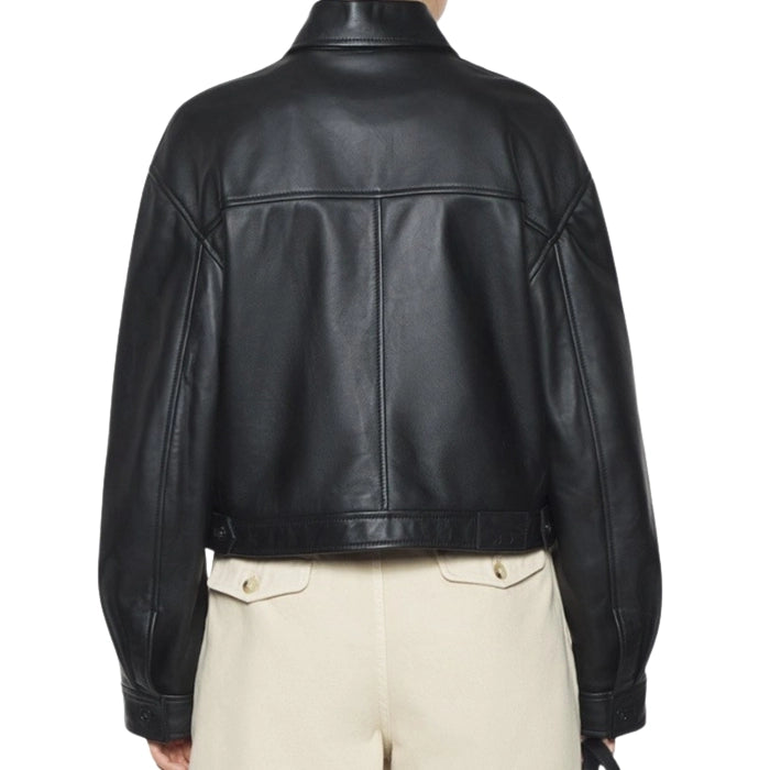 Back View of Model wearing Black Cropped Leahter Jacket