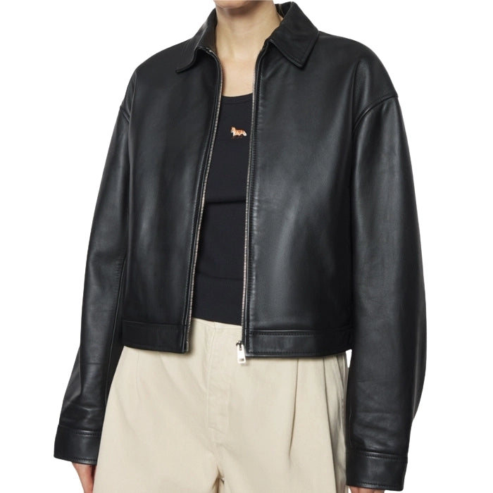 Side View of Model wearing Black Cropped Leahter Jacket open zipper