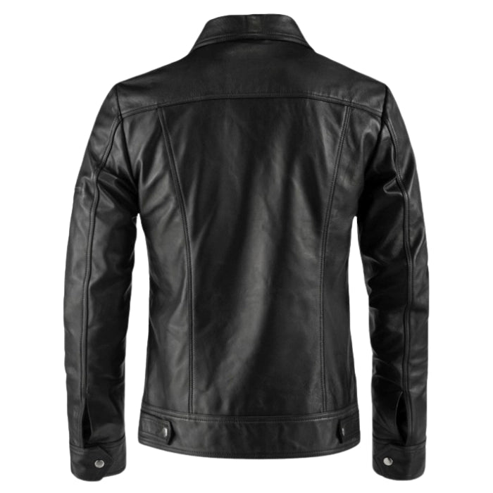 Back view of shirt collar black leahter jacket