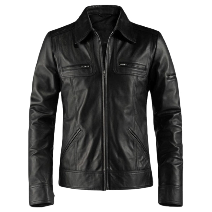 Flat view of shirt collar black leahter jacket