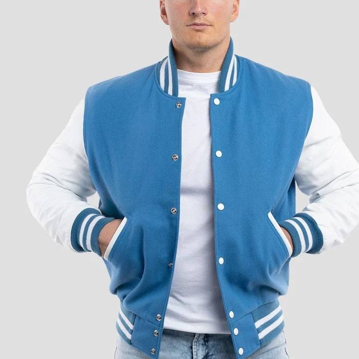 Sky Blue Wool Body & Bright White Leather Sleeves Varsity Jacket