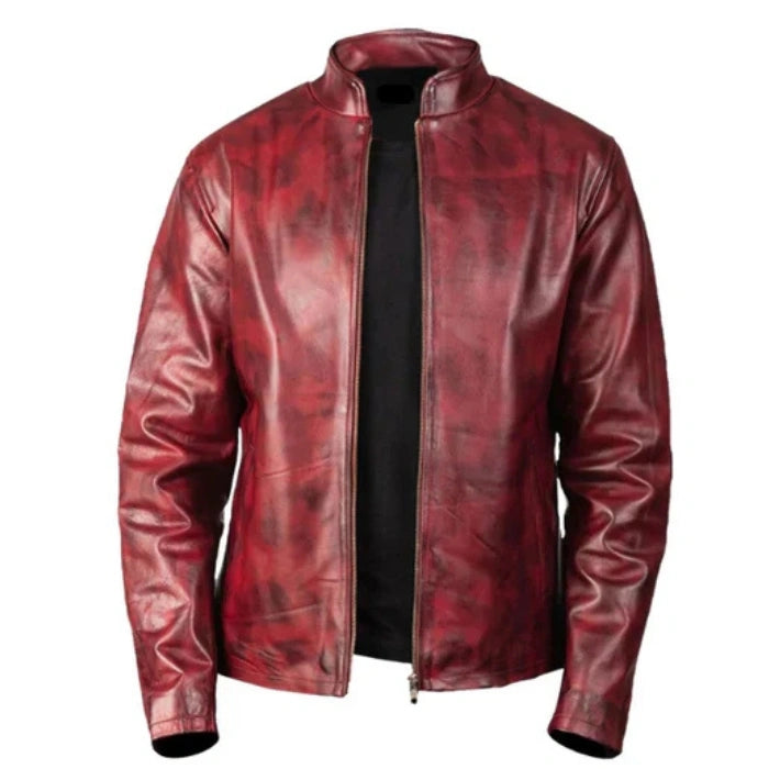 A burgundy red distressed leather biker jacket with a stand-up collar, zipper pockets, and open hem cuffs.