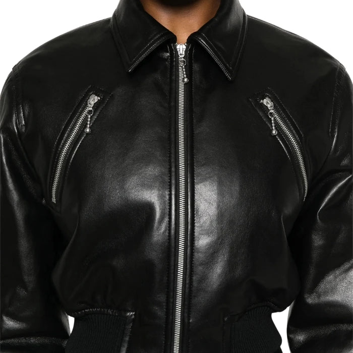 Sovira Cropped Leather Bomber Jacket for Women