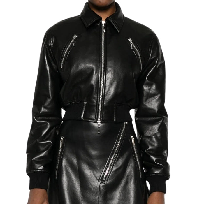 Sovira Cropped Leather Bomber Jacket for Women