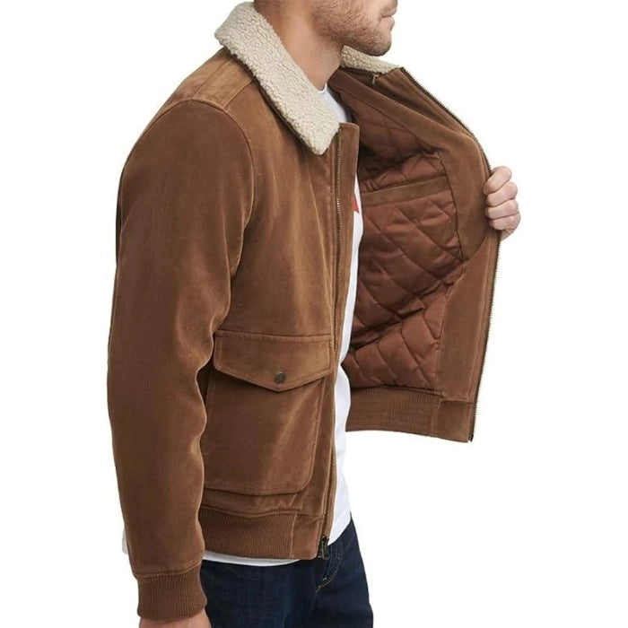 Men's Suede Leather Fur Collar Bomber Jacket