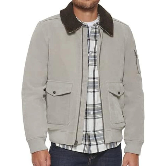 Men's Suede Leather Fur Collar Bomber Jacket