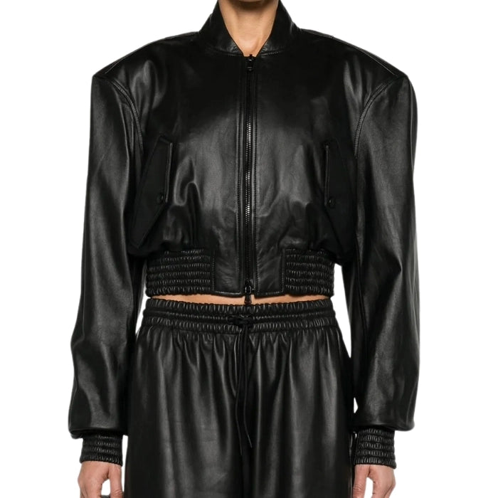 Talaro Cropped Leather Bomber Jacket
