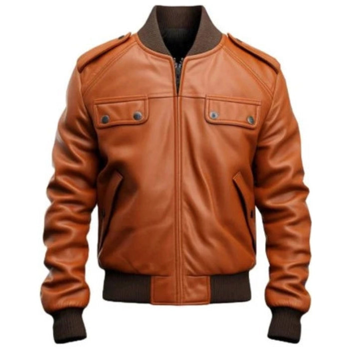 Front view of tan strap-pocket bomber leather jacket for men