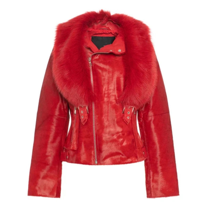 Tyrella Women's Calf Shearling Red Fur Leather Jacket