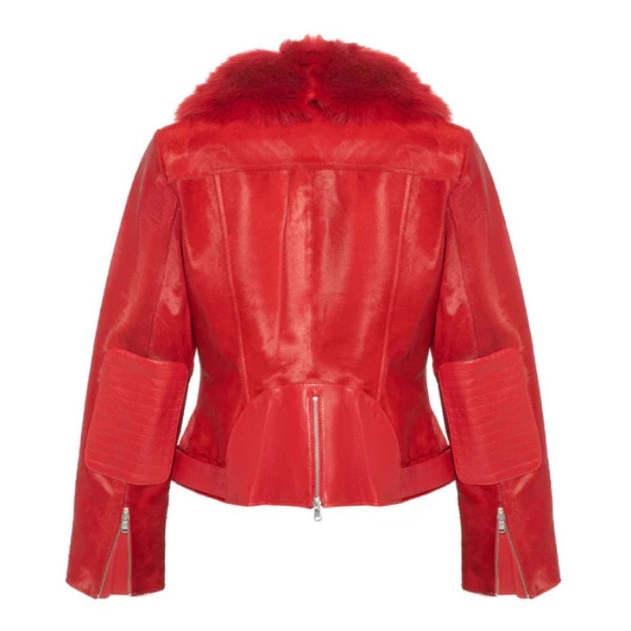 Tyrella Women's Calf Shearling Red Fur Leather Jacket