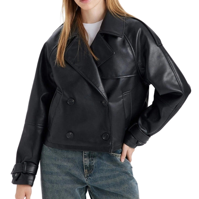 Vero Double-Breasted Cropped Leather Jacket