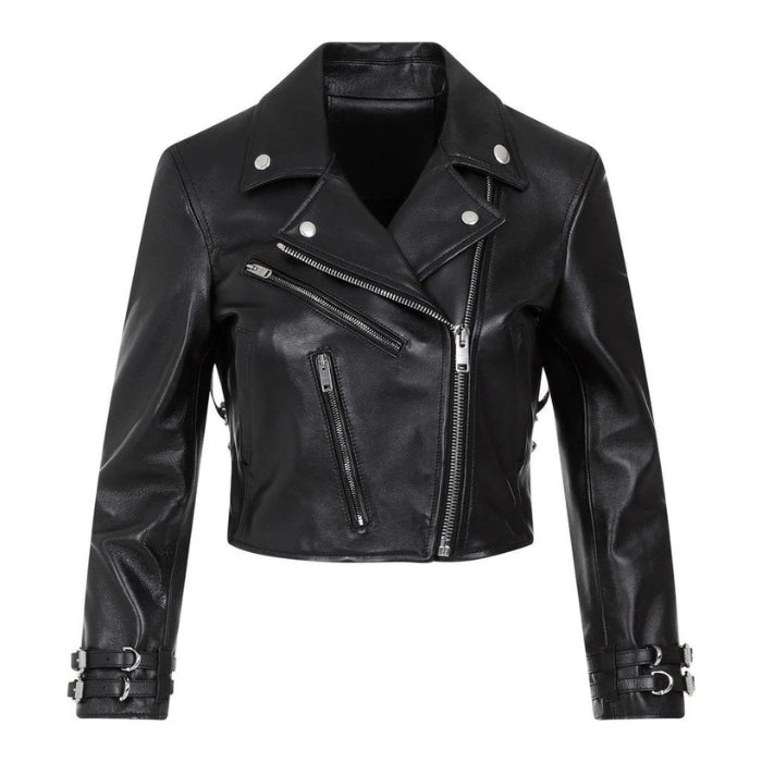 Vexora Cropped Zip-Up Biker Jacket Leather