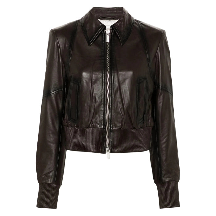 Veyla Leather Cropped Bomber Jacket with Ribbed Details