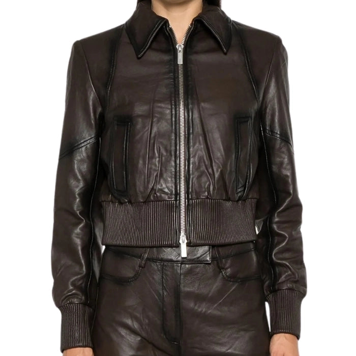 Veyla Leather Cropped Bomber Jacket with Ribbed Details