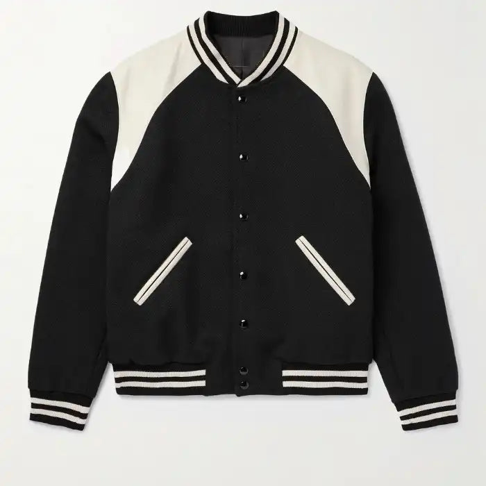 Mercer Black Wool Varsity Jacket with Leather Trim