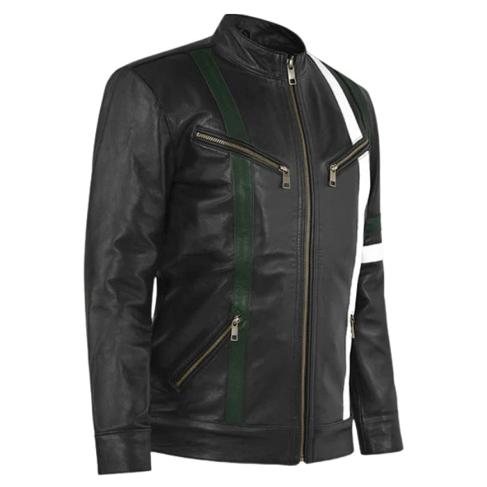 White Stripes Black Moto Leather Jacket