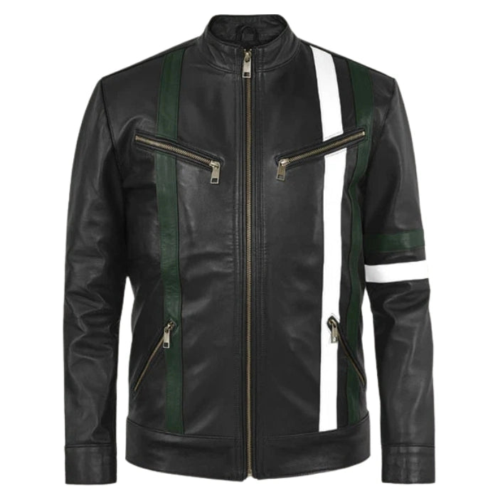 White Stripes Black Moto Leather Jacket