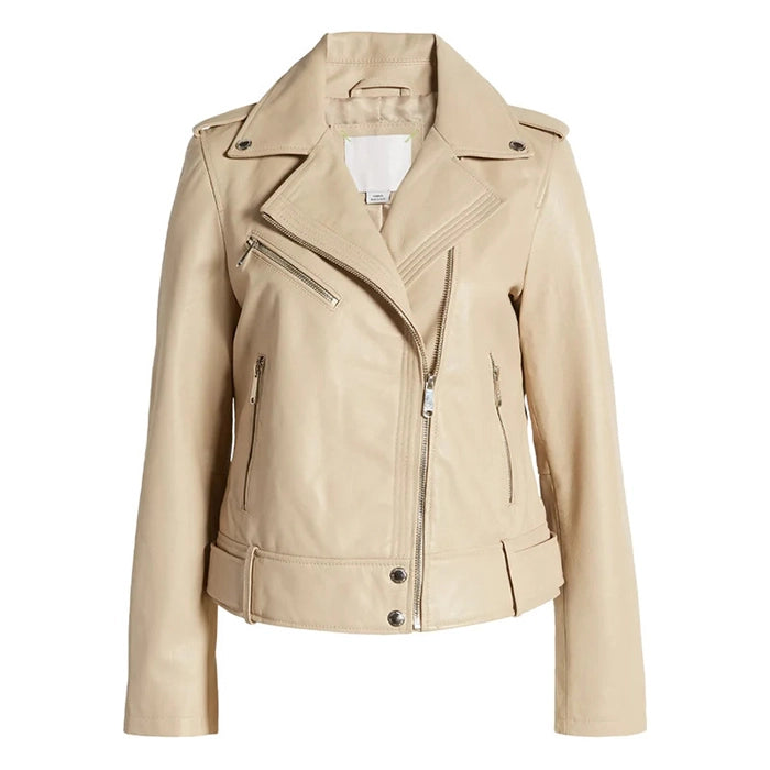 Front view of Beige moto leather jacket on a white background