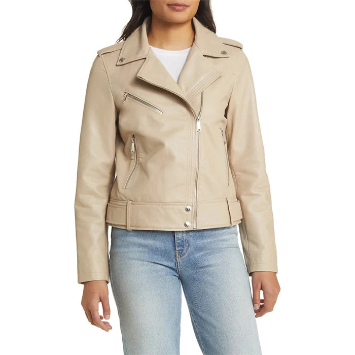 Beige moto leather jacket worn by model