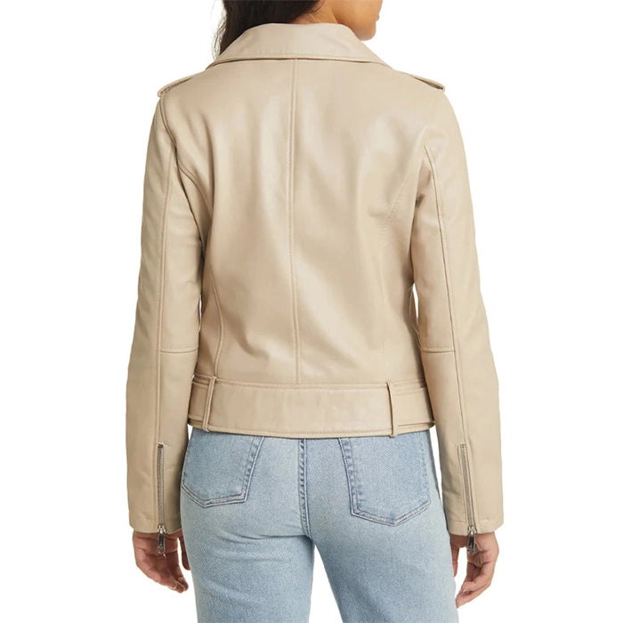 Back view of model wearing Beige moto leather jacket on a white background