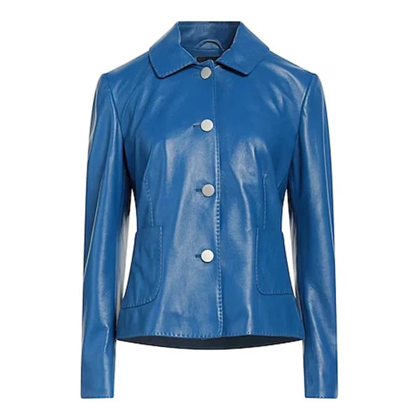 A blue leather jacket for women with a button-front closure, and two side pockets.