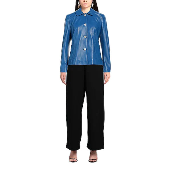 Model wearing blue leather jacket for women with a button-front closure