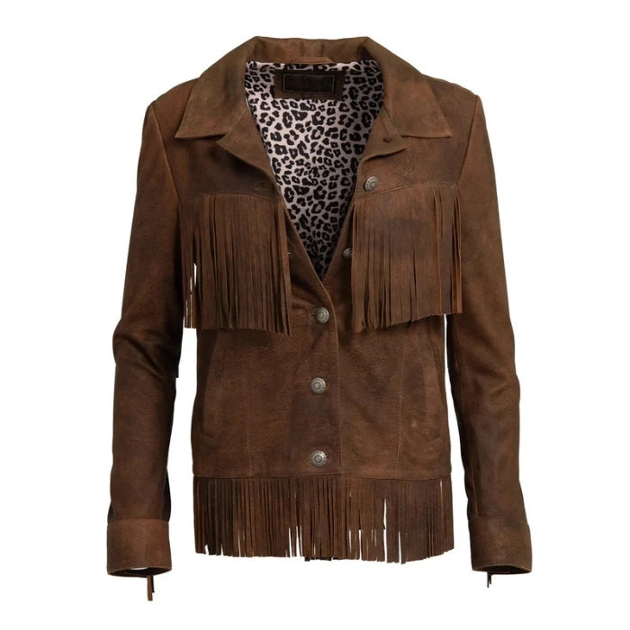 Brown suede jacket with fringes on a white background