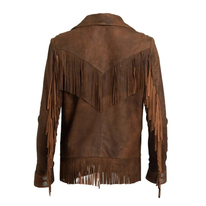 Brown suede jacket with fringes on a white background