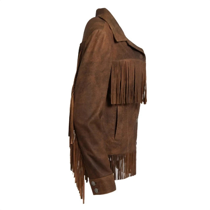 Side view of Brown suede jacket with fringes on a white background