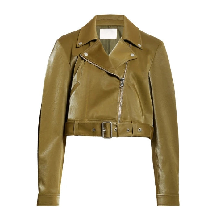 Front view of Olive Green Palo moto leather jacket on a white background