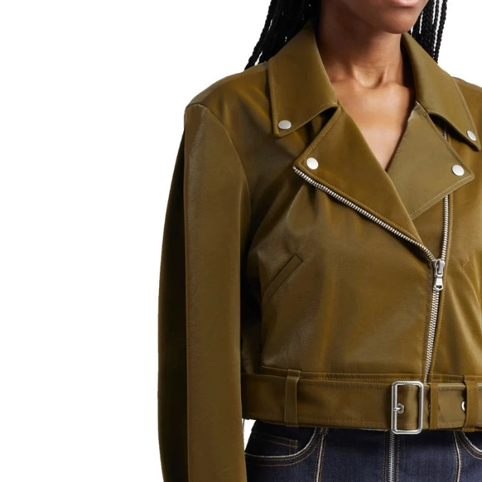 Palo moto Brown leather jacket worn by model on a white background