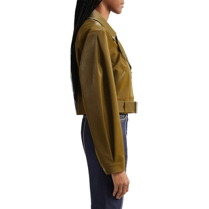 Side pose of model wearing Olive Green Palo moto leather jacket on a white background