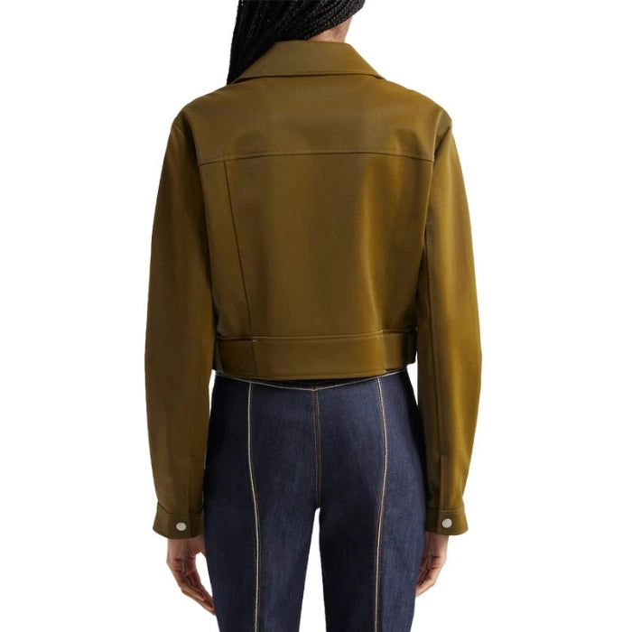 Back view of model wearing Olive Green Palo moto leather jacket on a white background