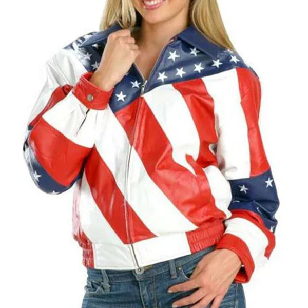 A woman wearing a red, white, and blue leather jacket with an American flag design, featuring a classic shirt collar, front zipper closure, and side pockets.