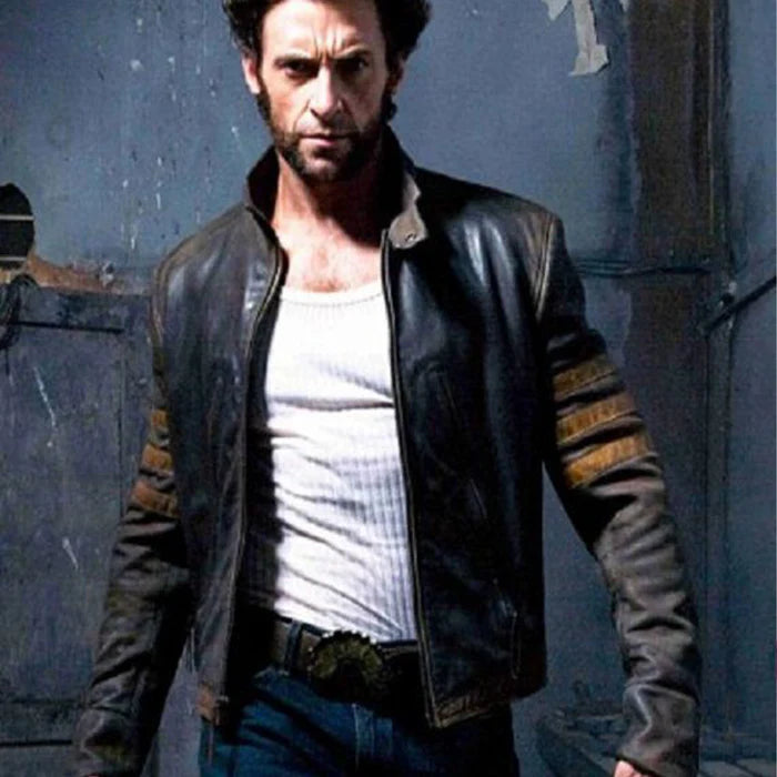 A person wearing a brown leather jacket with tan accents and stripe details on the sleeves, resembling the style of Wolverine's jacket from the X-Men Origins movie.