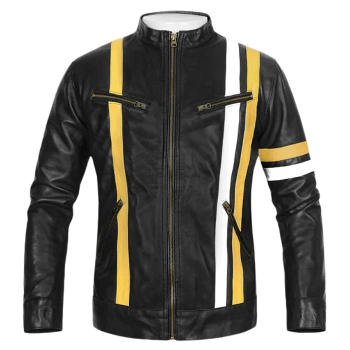Yellow Stripes Black Moto Leather Jacket
