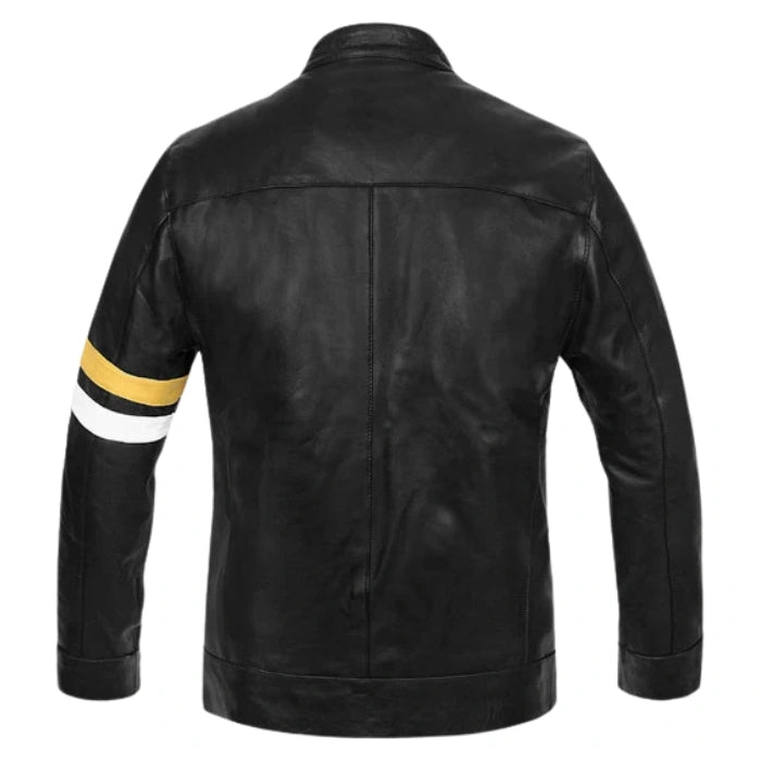 Yellow Stripes Black Moto Leather Jacket