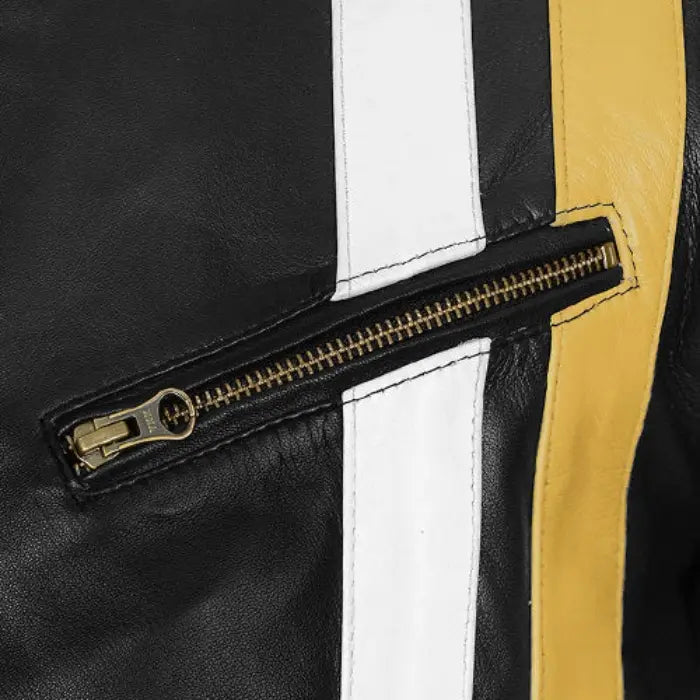 Yellow Stripes Black Moto Leather Jacket