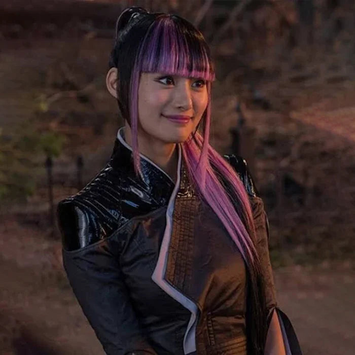 Actress Shioli Kutsuna portraying the character Yukio in Deadpool 2, wearing a black leather jacket with white accents.