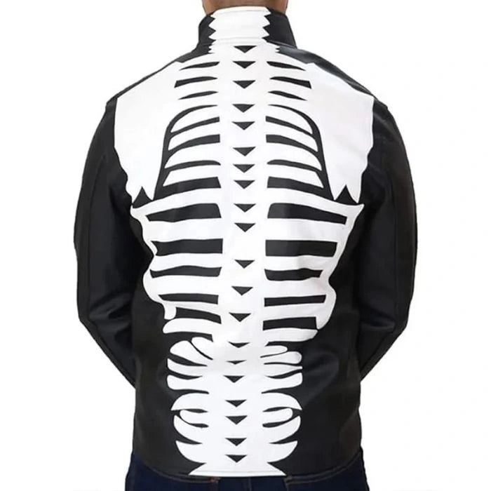 Black jacket with white skeleton design on the back against a white background