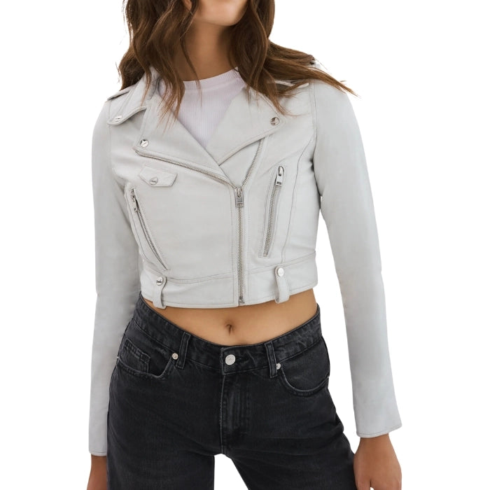 Rivex Leather Cropped Biker Jacket